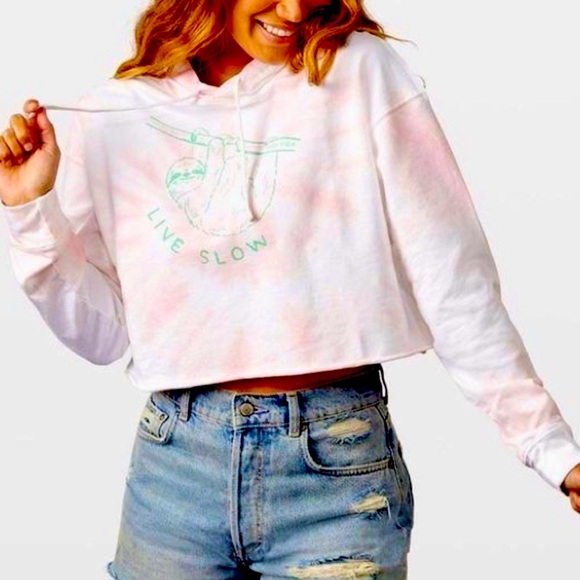 Pura Vida Tops - NWT Pura Vida Cropped Tie Dye Sloth Hoodie Sweatshirt Pink Size Small